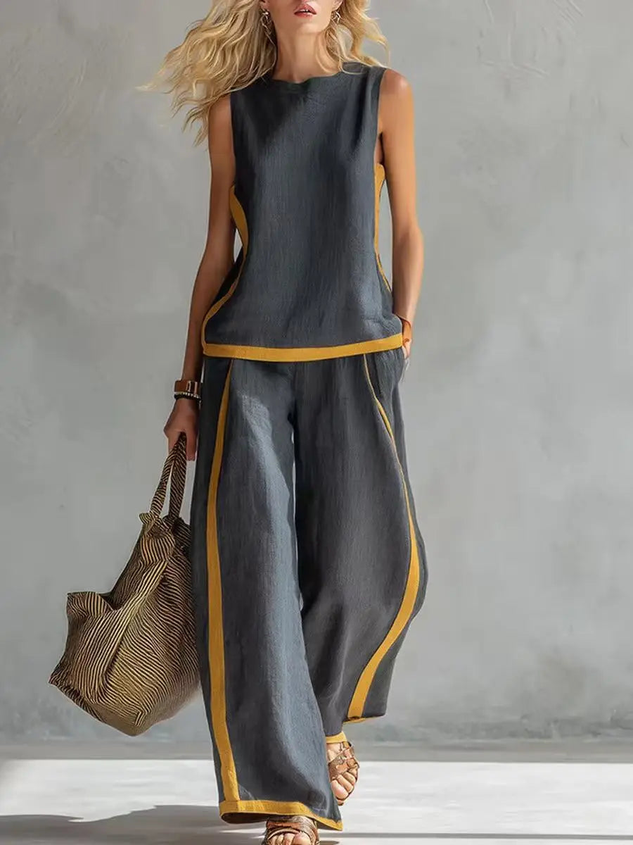 Women's 2-piece Set 2026 New Sleeveless Contrast Wide Leg Pants Suit Summer Casual Fashion Two-piece Trendy Style Women Clothing