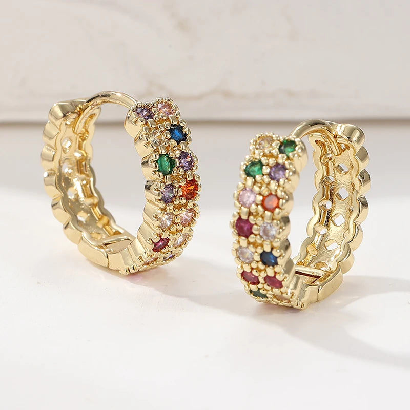 Fashion Copper Handcrafted Colored Synthetic Zircon Hoop Earrings for Women Bohemian Style Golden Plated Banquet Wedding Jewelry