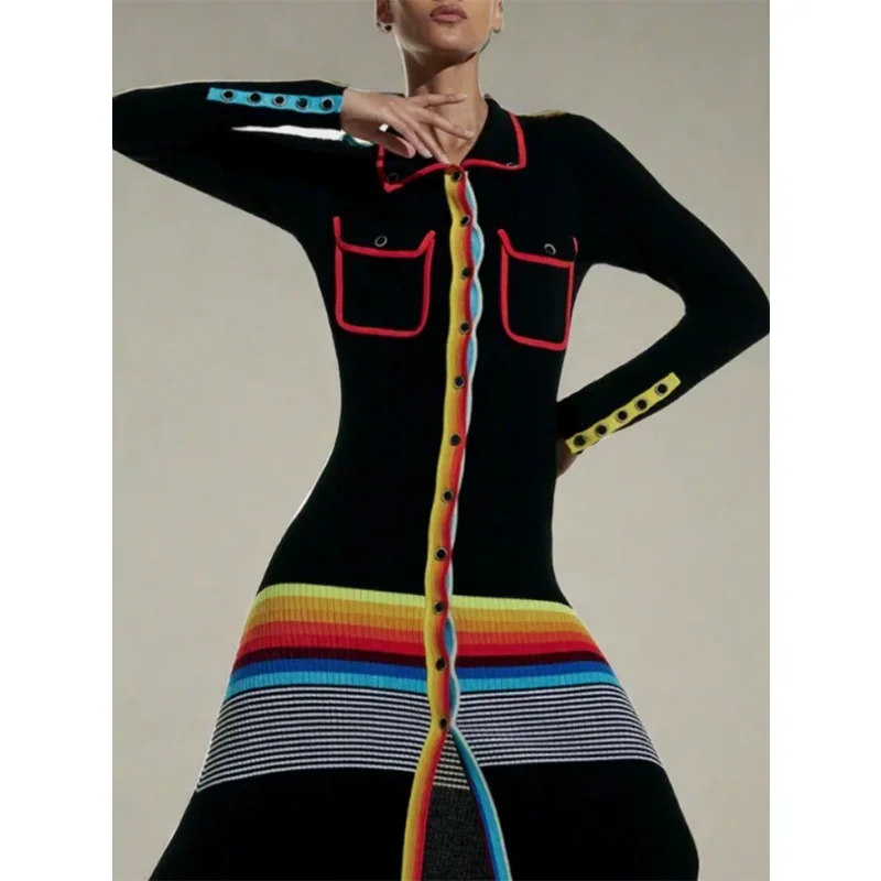 Freeacy Women's Colorful Striped Skinny Dress Lapel Neck Long Sleeves Single-breasted Ankle-Length Dress Autumn Women's Clothing