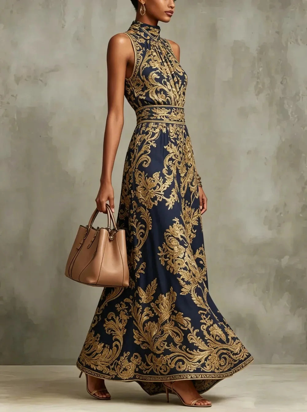 Baroque Print Halter Neck Maxi Dress Sleeveless High Waist A-Line Formal Evening Gown Elegant Vintage Party Dress for Women