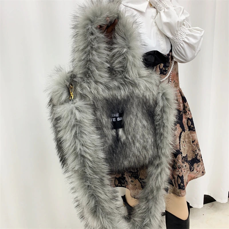 Luxury Designer The Tote Bags for Women Furry Leather Branded Fur Shoulder Bags Female Large Crossbody Handbags