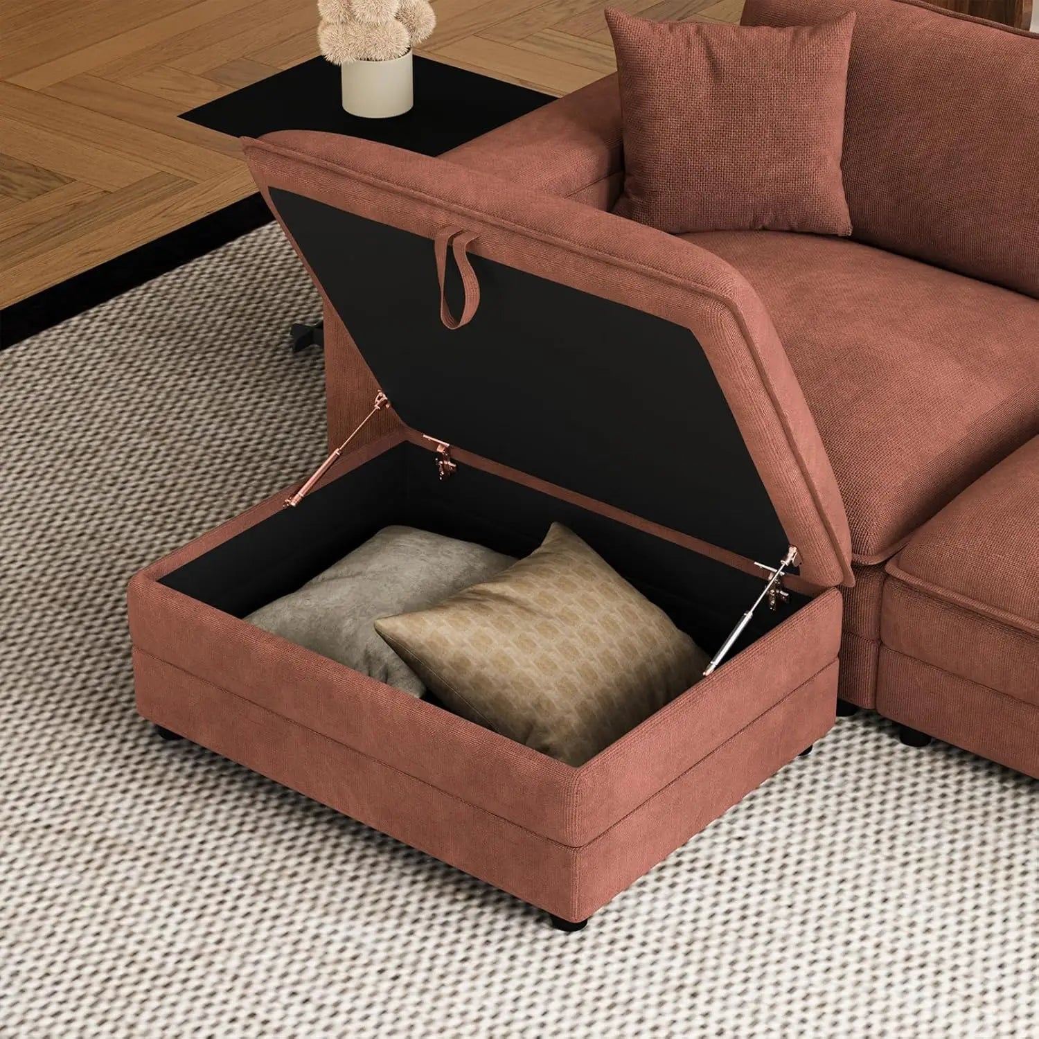 U-Shaped Sectional Sofa Ottoman Storage Armrest USB Ports Spring Cushion Solid Wood Chenille Living Room 115", Customized - Kimlud