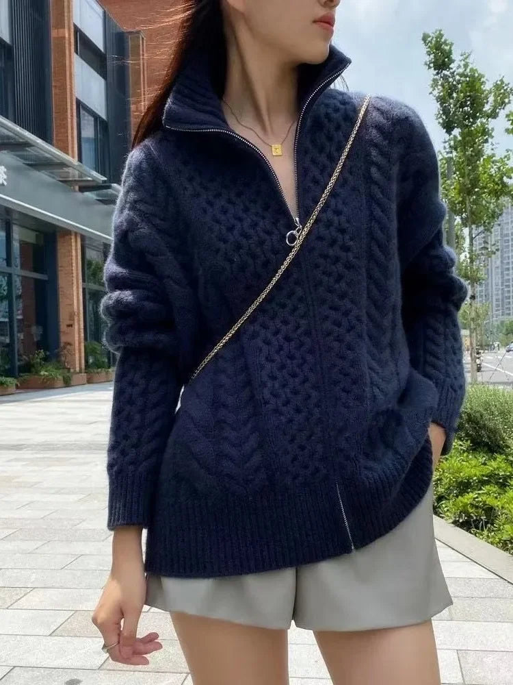 Autumn And Winter New Thick Turtleneck Knitted Cardigan Women's Loose Wool Sweater Cardigan Larg Size Female Jacket Top