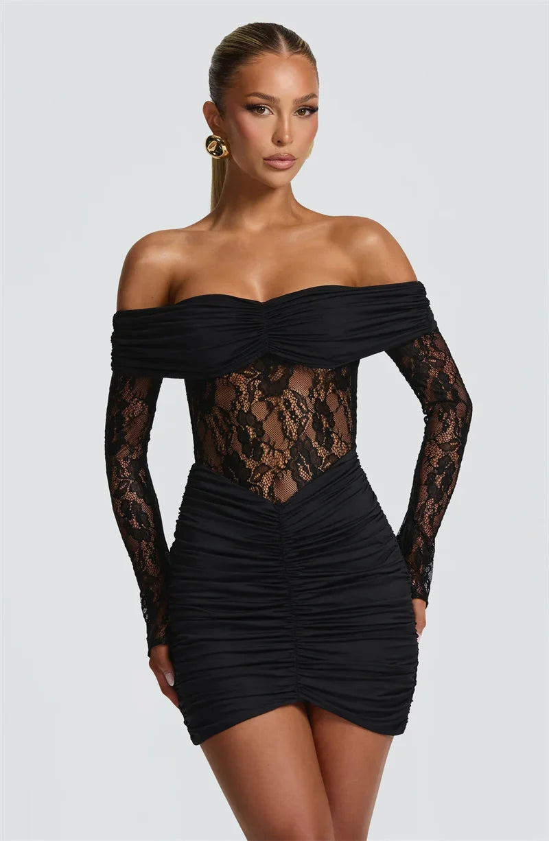 Mozision Off-shoulder Strapless Backless Sexy Mini Dress Women Gown Elegant Lace See Through Long Sleeve Ruched Club Party Dress