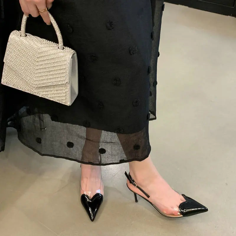 2025 New Pointy Peach Heart Fine Heel Shoes Sexy Pvc Transparent Film Black Patent Leather High Heel Overhead Sandals