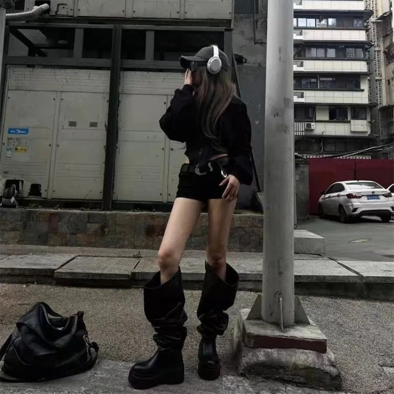 Women Platform Knee High Boots Fashion Pleated Round Toe Square Heel Leather Boots Black Party Dress Women Shoes Large Size35-40