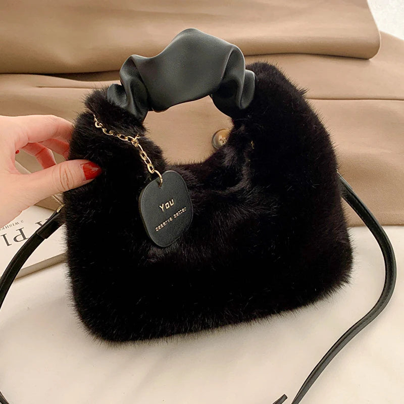 Women Faux Fur Plush Handbags Ruched Handle Small Lady Shoulder Crossbody Bag Casual Half-Moon Hobos Winter Bags for Women