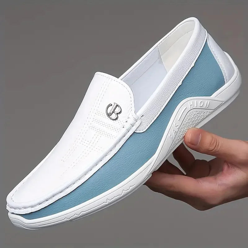 Men's Business Casual Slip-On Loafers White Blue Color Block Comfortable Driving Lightweight Daily Commute Friendly Shoes