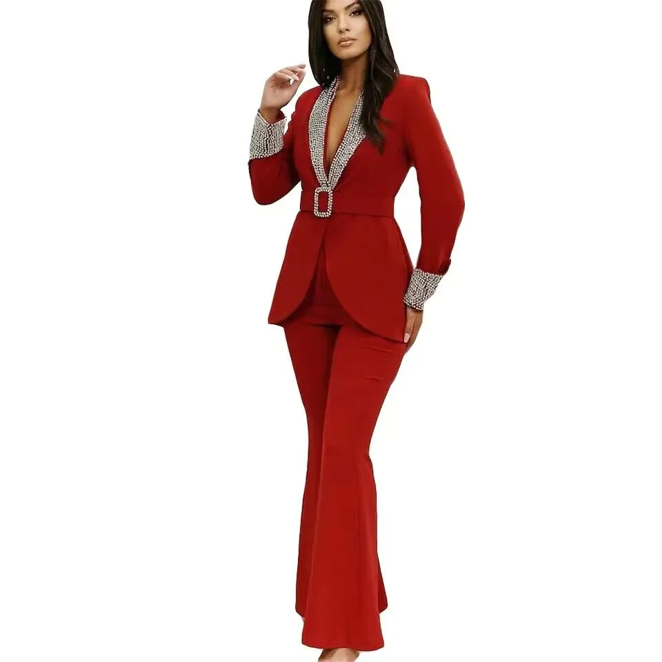 Customized Vintage Red Suits For Mother Dress Beaded Shawl Lapel Belt Jacket Slim Fit Flare Pants Party Gown 2 Pieces Sets