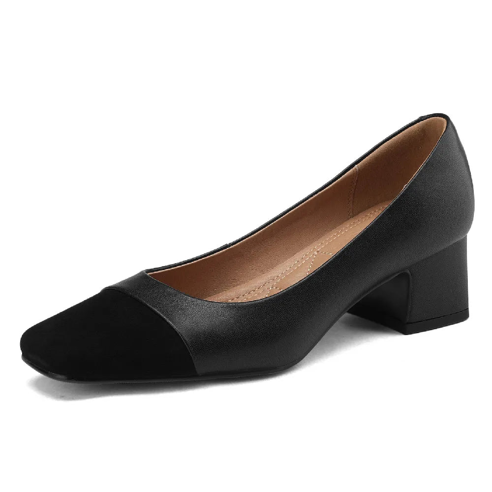 danxuefei plus size 34-42 women's genuine leather square toe slip-on pumps OL style elegant ladies 5cm thick low heel shoes sale - Kimlud