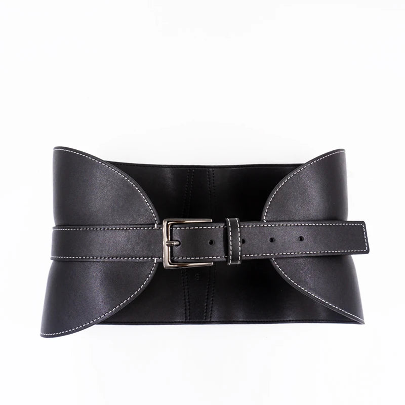 Top-stitched waist seal leather women's wide waistband black pin buckle fashion soft leather dress decorative belt |...