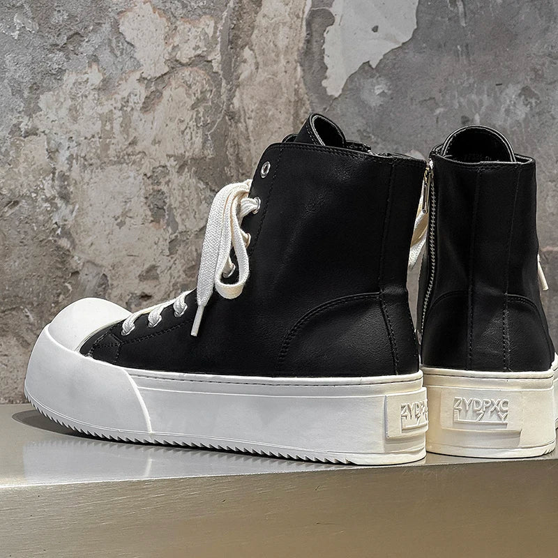 Celebrity Style Black High Top Men Shoes Thick Sole Height Increasing Couple Casual Round Toe High-end Short Boots