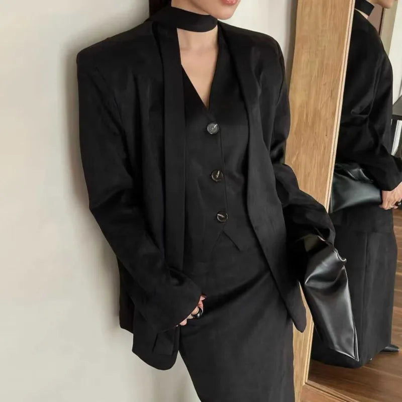 KWTX 2025 Women's 3 Pcs Suit Set Spring Fall V-Neck Blazer Single Breasted Vest Ribbon Tie Skirt Solid Color Elegant Retro