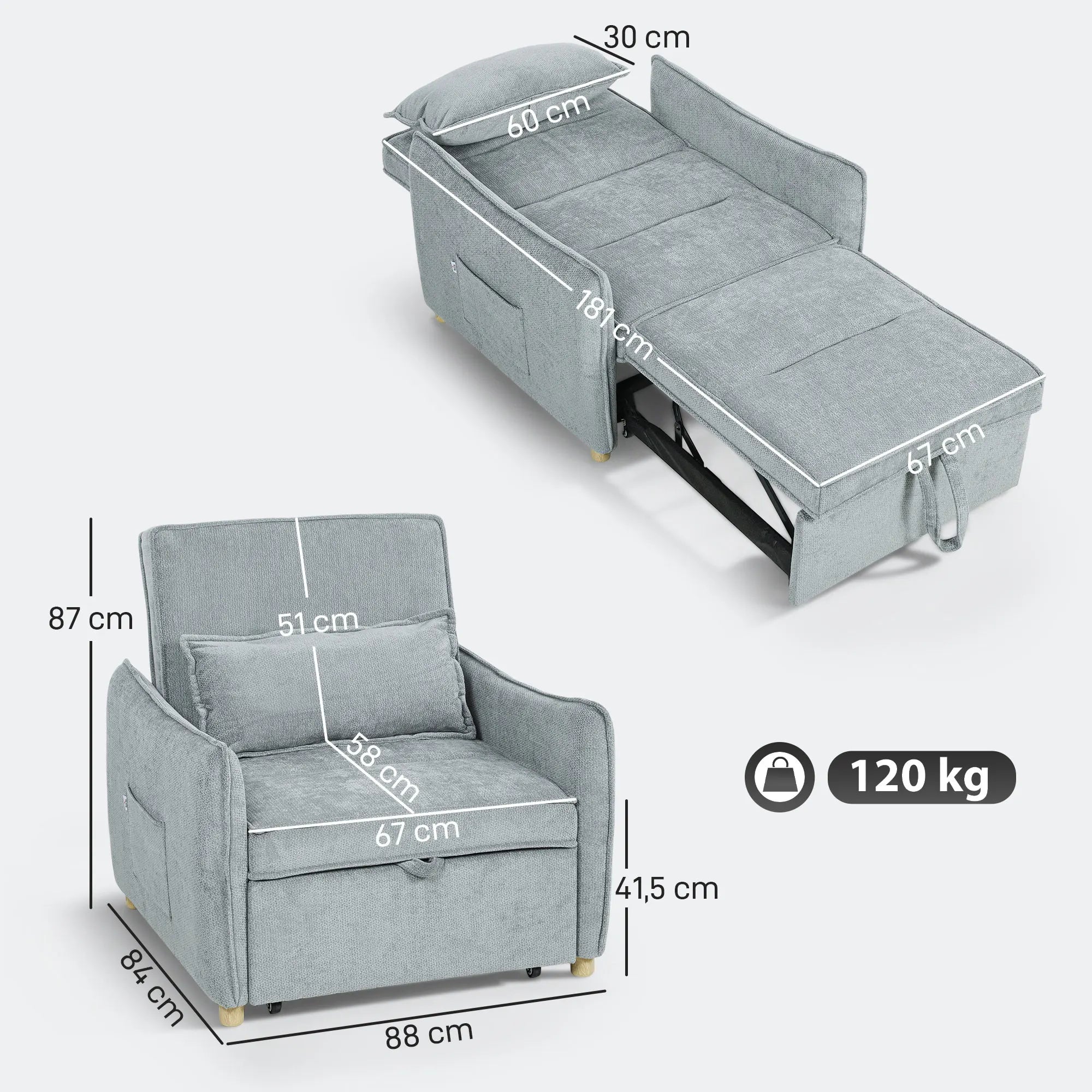 HOMCOM armchair convertible 1 place 3 in 1, armchair-bed Clickle with Wide Sating, Adjustable Backyard, pillow and - Kimlud