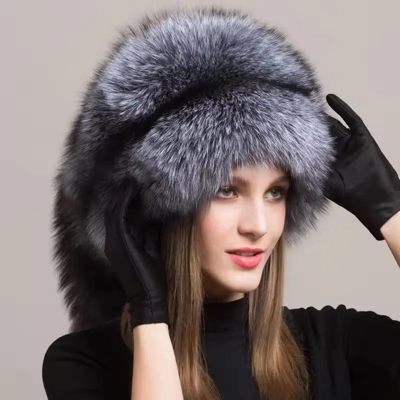 Natural Fox Fur Russian Hat Ushanka Women Winter Warm Fluffy Popular Style Female Tail Cap Fashion Real Fur Hats