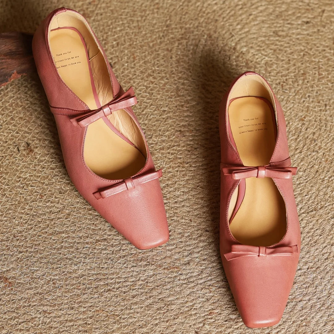 Women's cow leather double bowtie slip-on flats loafers square toe high quality female sweet daily moccasins shoes for woman hot - Kimlud