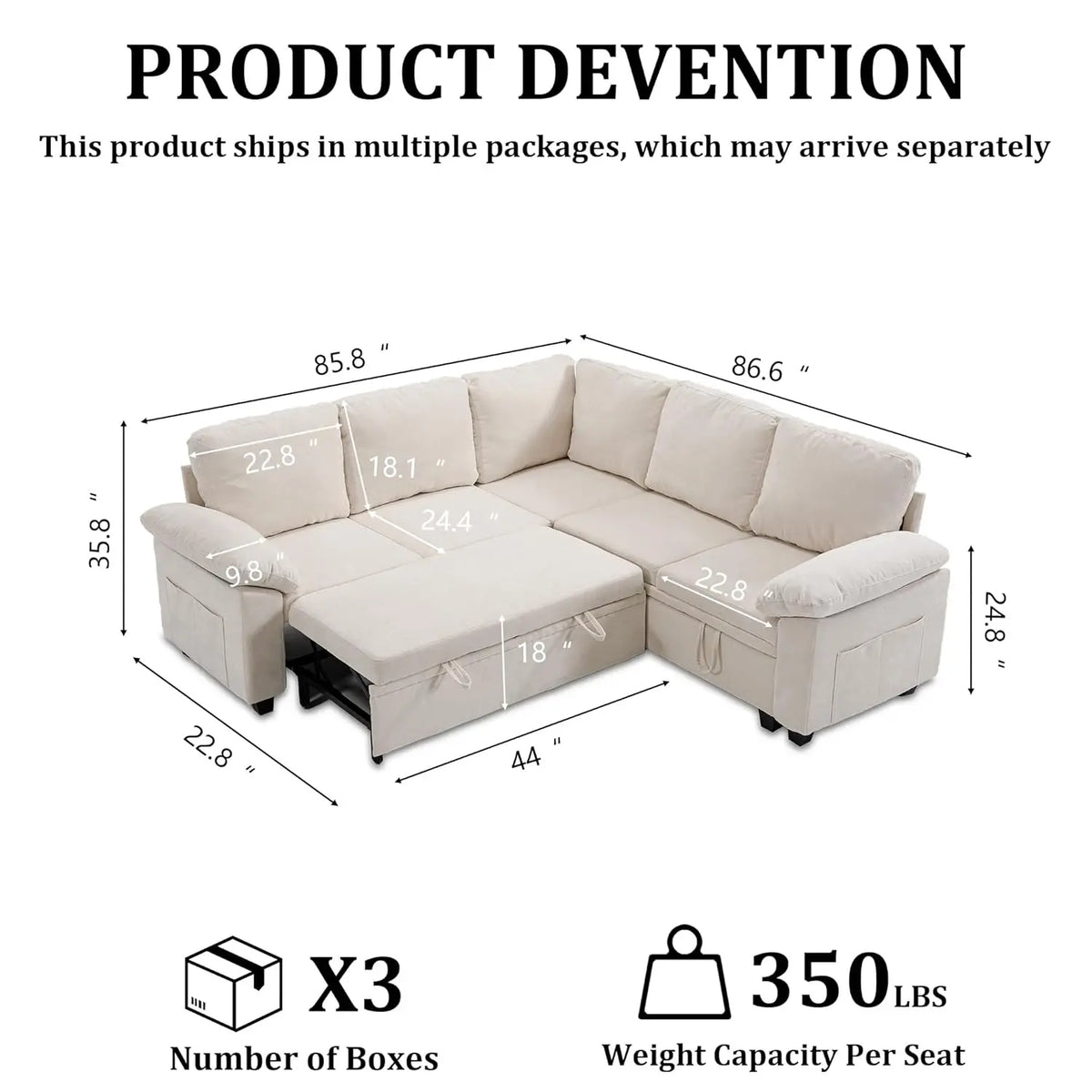 108in L-Shaped Sleeper Sectional Sofa Bed with Storage, Chenille, 5-Seat Modular for Living Room Apartment, Customized |...