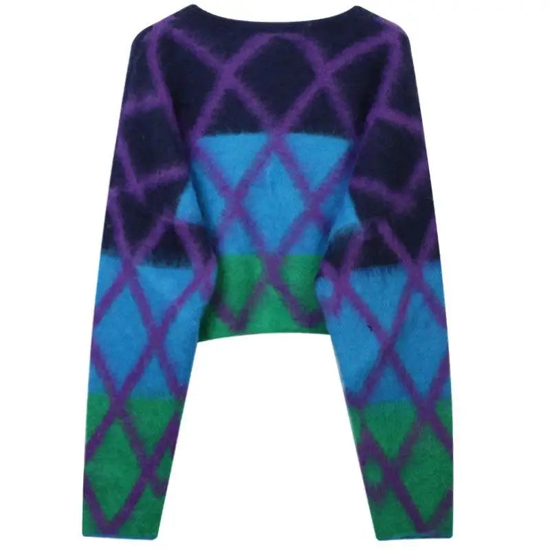 High Quality Color Contrast Diamond Beads Short Pullover Korean Loose Weight Sweater Traf Mohair Winter Women Tops