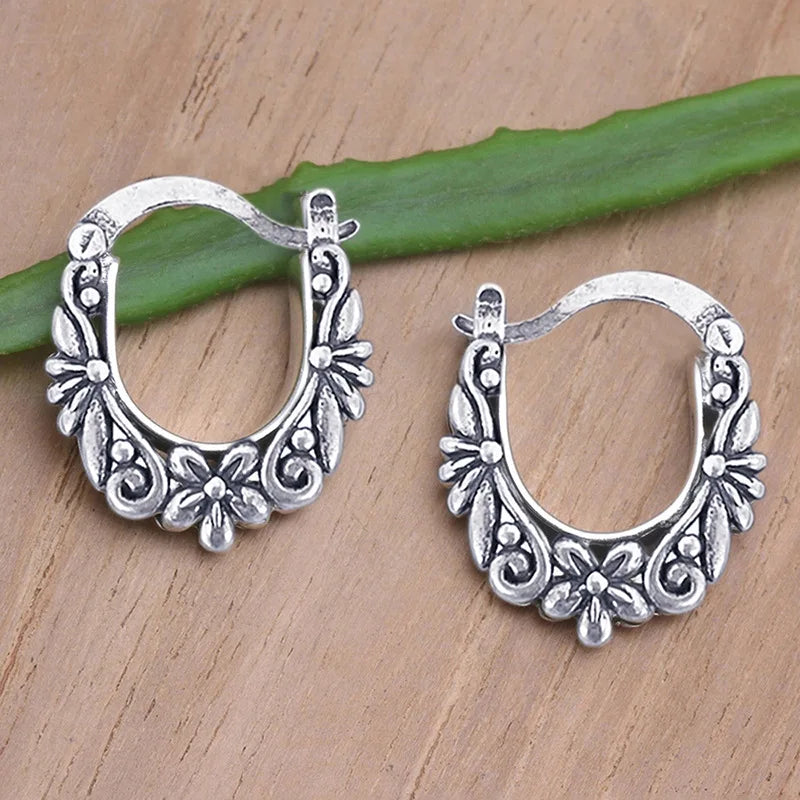 Retro Ethnic Style Ancient Silver Flower Texture Stainless Steel U-shaped Hoop Earrings for Women Boho Jewelry Accessories Gifts