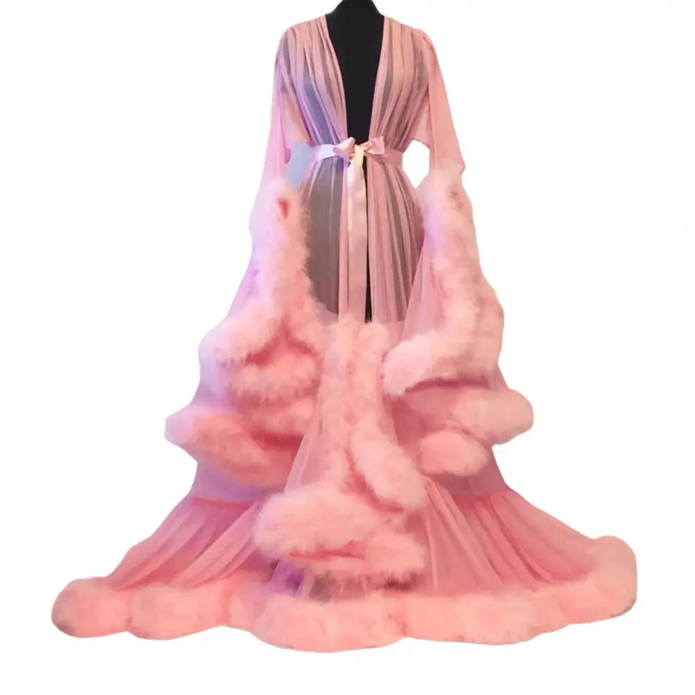 Wedding Night Mesh Dress Fluffy Trim A-line Mesh Dress Translucent Lace-up Bow Waist Seductive Bathrobe Cocktail Party Dresses