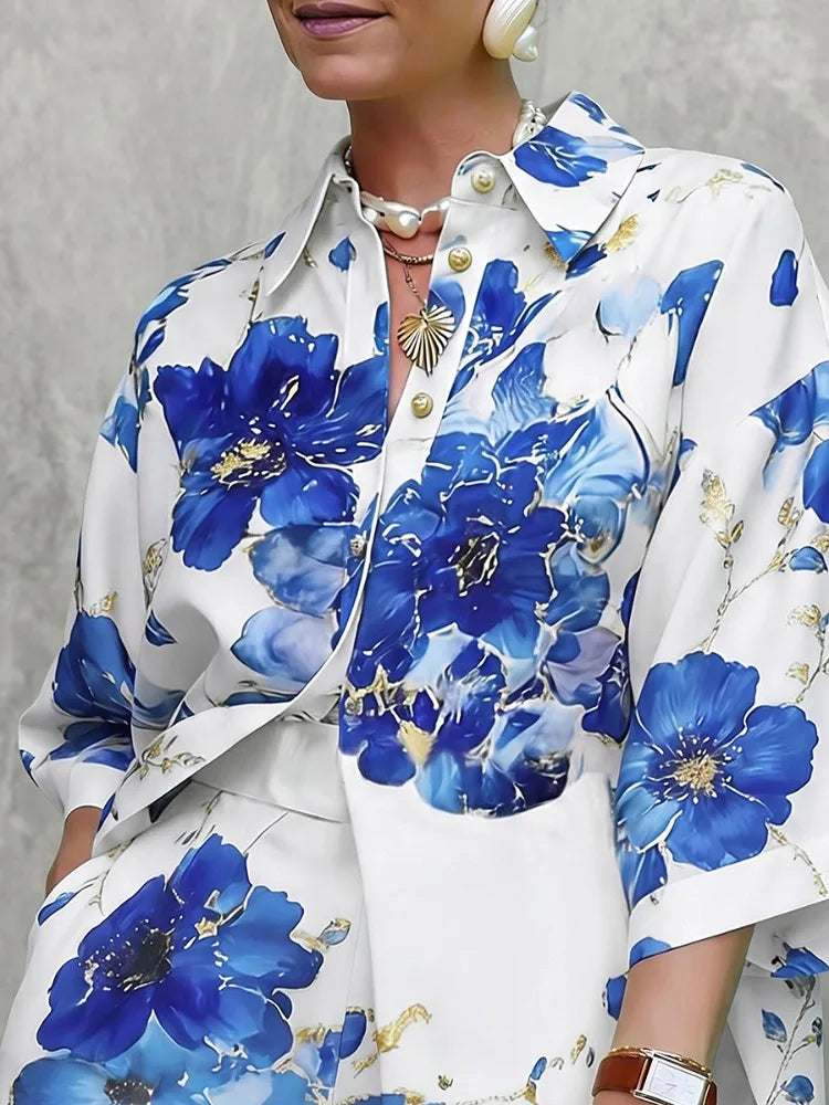 Yeezzi Women's Vintage Blue Floral Printed Lapel Blouses 2026 Half Sleeve Loose Buttoned Elegant Summer Vacation Matching Shirts