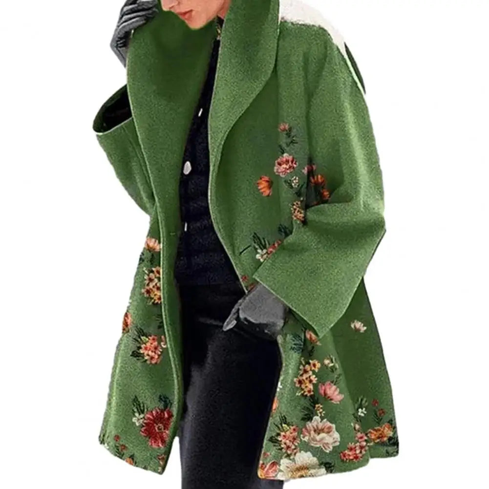 Spring Jacket Elegant Flower Print Women's Fall Winter Overcoat with Turn-down Collar Plus Size Mid Length Loose Thick Warm Long