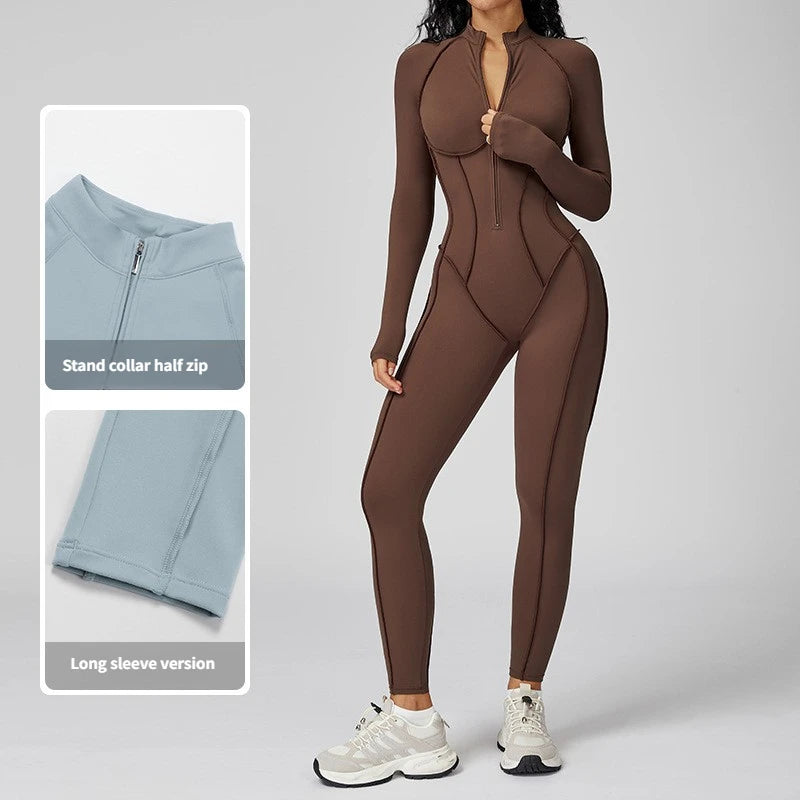 Yoga Bodysuit Long Sleeved Women's Tracksuits Gym Zipper Jumpsuits Sports Workout High-intensity Fitness One-piece Tights Suit - Kimlud