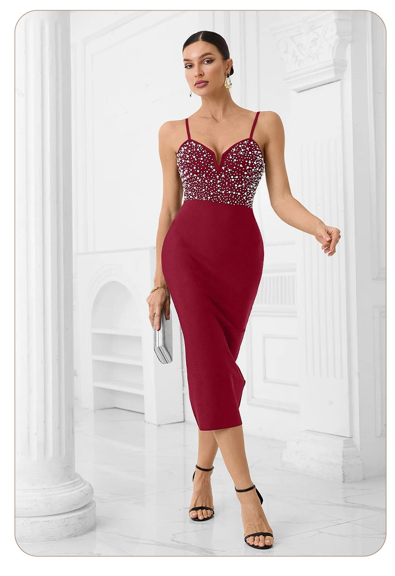VC Elegant Burgundy Spaghetti Strap Midi Dress with Pearl & Rhinestone Embellishments for Cocktail Parties & Formal Events