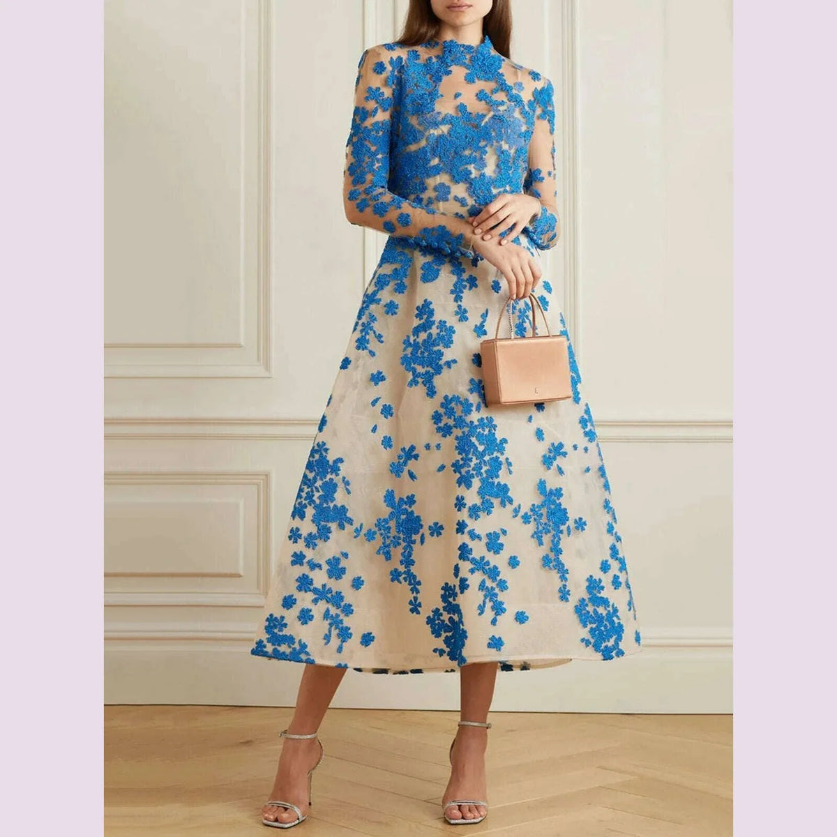 Elegant Women Dress Long Sleeve Cinch Waist Floral Appliques Pleated A-Line Fashion Party Wedding Guest Midi Dress 2025