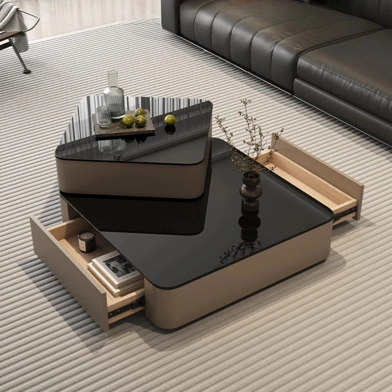 Luxury Italian Light Luxury Rotating Coffee Table Square 80cm Glass Wooden Coffee Tables Living Room Furniture...