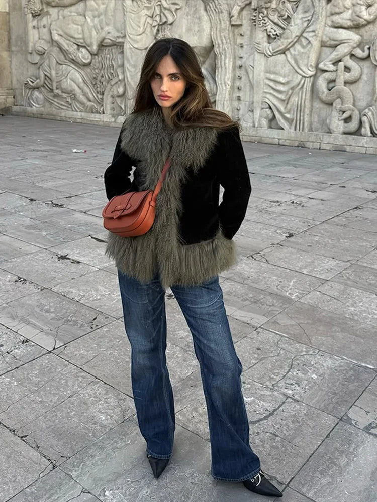 Vintage Patchwork Women's Faux Fur Trim Coat Urban Lapel Full Sleeve Female Jacket Female 2026 Spring Winter Lady Streetwear New