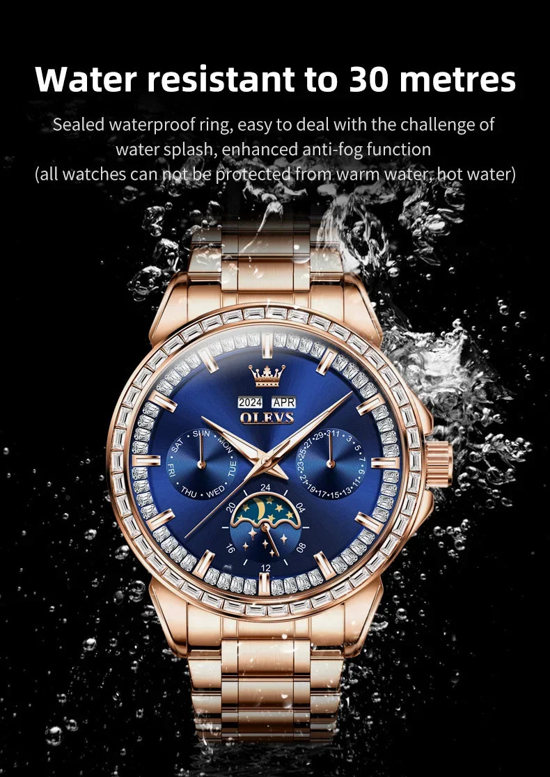 OLEVS 6695 NEW Men's Watches Full Multifunctional Dial Blue Leather Strap Calendar Week Moon Phase Waterproof Wristwatch...