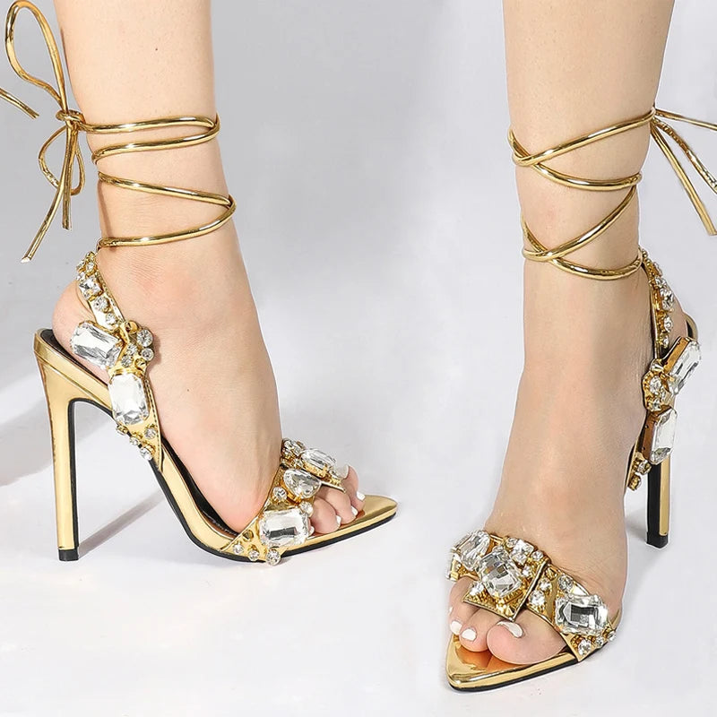 Liyke Sexy Ankle Strap Golded Sandals Women Party Nightclub Stripper Heels High Quality Crystal Diamond Pointed Toe Wedding Shoe - Kimlud