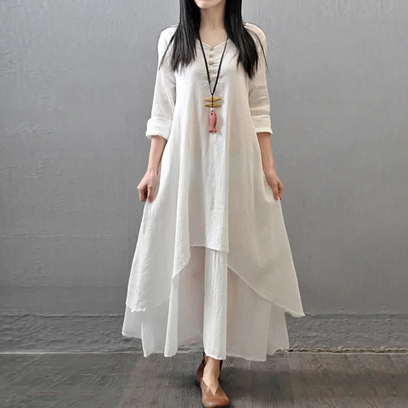 Women's Dress Long Dress Fashion Fake Two Pieces Loose Long Sleeve Art Big Swing Cotton Hemp Bohemian Cotton Vintage Women Dress - Kimlud