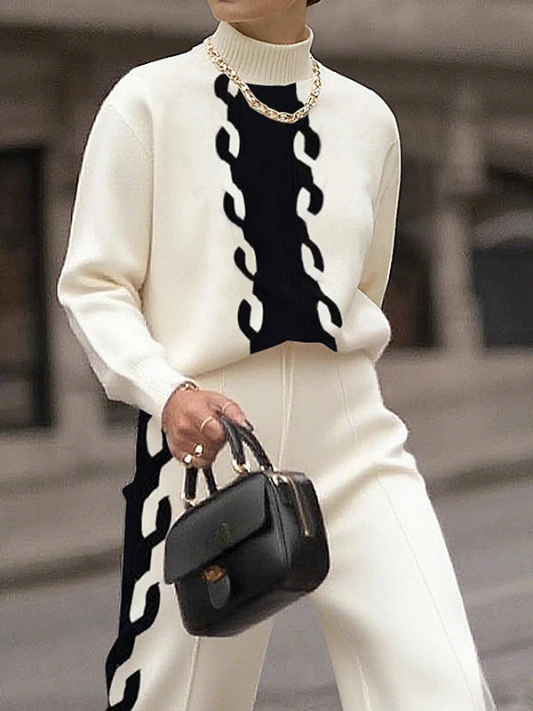 Krisstarsgirls Women's Knitting Contrast Color Sweater Tops 2025 Fall Spring New High Neck Long Sleeves Spliced Ladies Pullovers