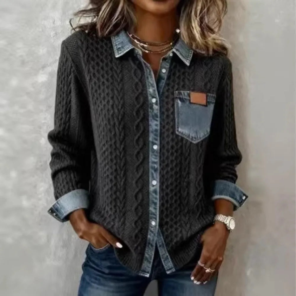 Women knit Denim Shirt Coat Overshirt Vintage Blouse Single Breasted Turn Down Collar Pockets Washed 2025 Office Lady Top Jacket - Kimlud