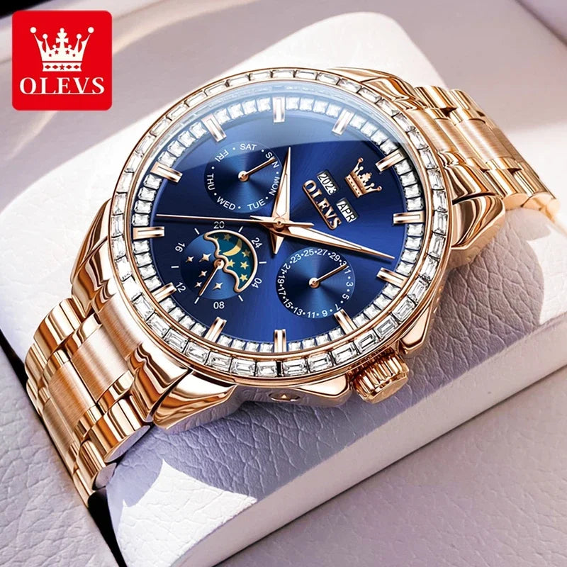 OLEVS 6695 NEW Men's Watches Full Multifunctional Dial Blue Leather Strap Calendar Week Moon Phase Waterproof Wristwatch...