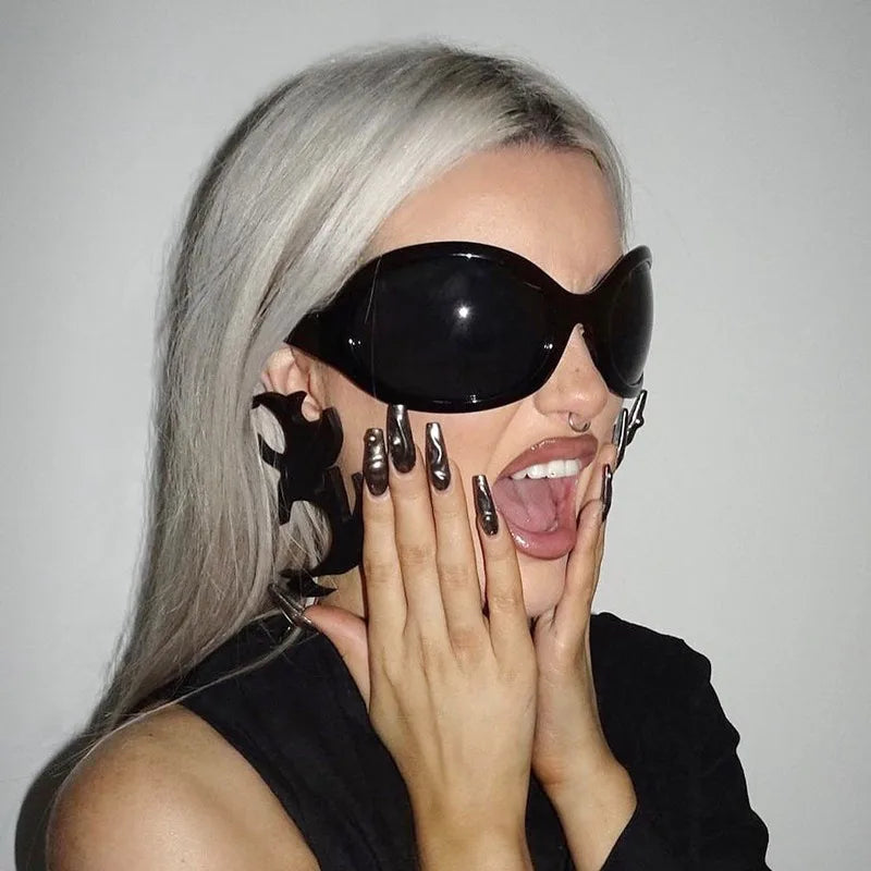 Oversized Y2K Sunglasses Women Lady Trendy Big Frame Vintage Wrap Around Sun Glasses Fashion Futuristic Punk Silver Shades 2000s - Kimlud