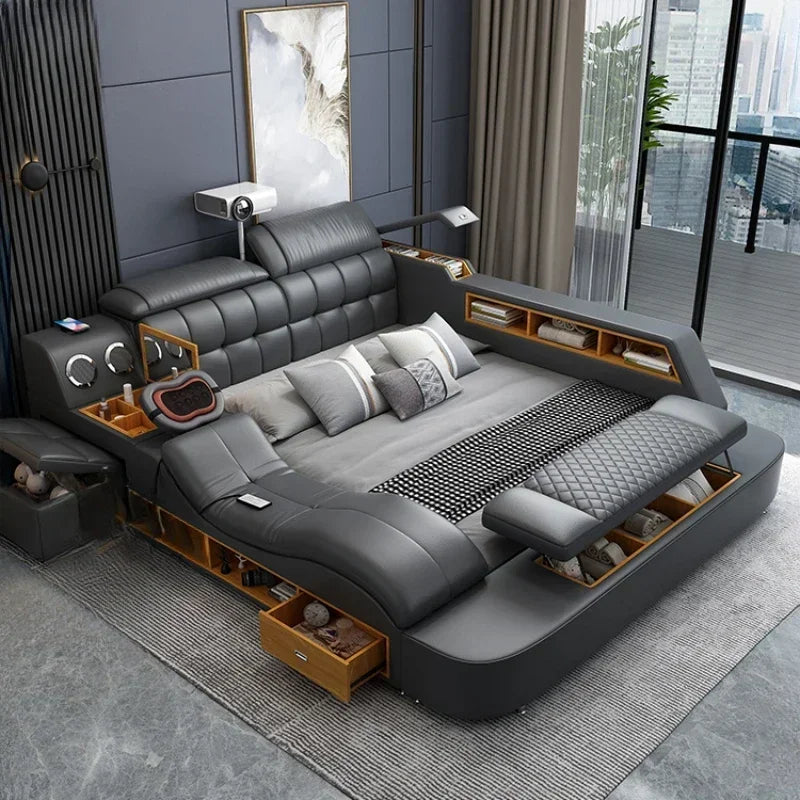 B Girl Nordic Aesthetic Double Bed Storage Multifonction Modern King Double Bed Leather Smart Cama Matrimonial Bedroom Furniture