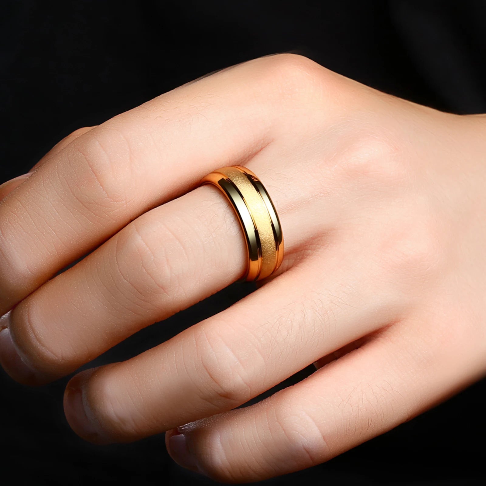 Men's Golden Color Wedding Rings 8mm Tungsten Carbide Frosted Band Charm Jewelry for Men Size 7-13