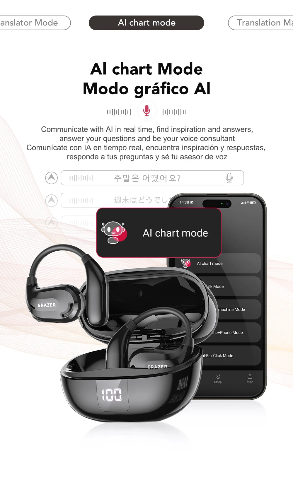 ERAZER XT66PRO Bluetooth Earphones ASMR Headsets DIY APP AI Translator Earbuds Wireless Headphones 13 Hours long life Display - Kimlud