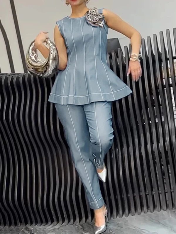 Krisstarsgirl 2025 Trendy Denim Blouse Office Lady Elegant Autumn Back Ziper 3D Flowers Woman Chic Summer Tops Sleeveless Vest