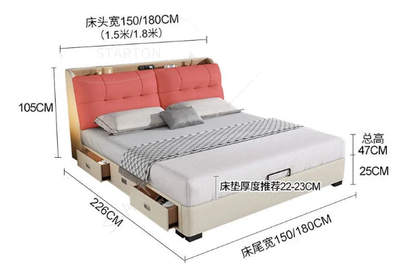 Pure White Nordic Style Oak Panel Queen Bed Frame Steel Frame Cama Modern Bed Queen Size Bed | Kimlud Luxury Bed