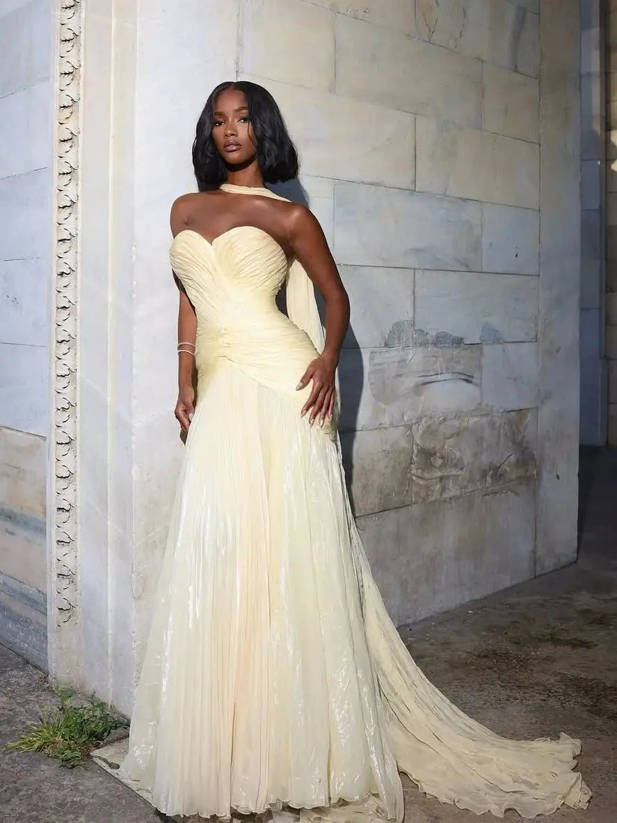 Ofherown Elegant Shiny Yellow Pleat Chiffon Evening Dresses with Scarf Stapless Mermaid Prom Gowns for Women Customized