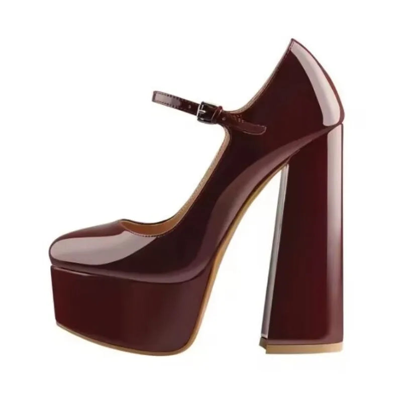 DIZHJUANG Sexy women's high heels. Black patent leather round toe shoes. About 15cm heel height. Coarse heeled Mary Jane...