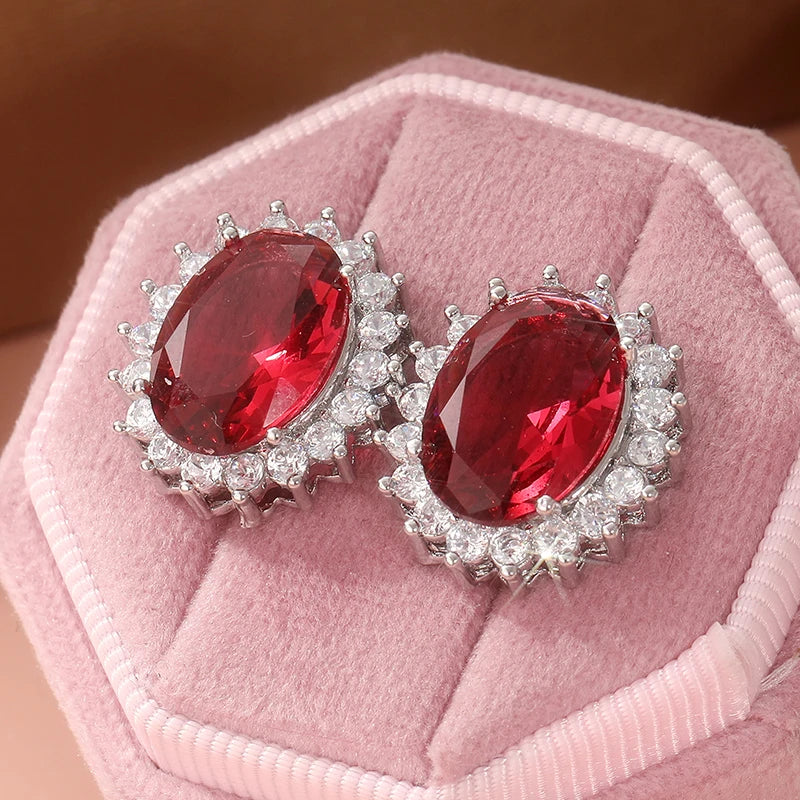 Delicate Silver Color Oval Inlaid Red White Cubic Zirconia Stud Earrings for Women Fashion Engagement Wedding Earrings...