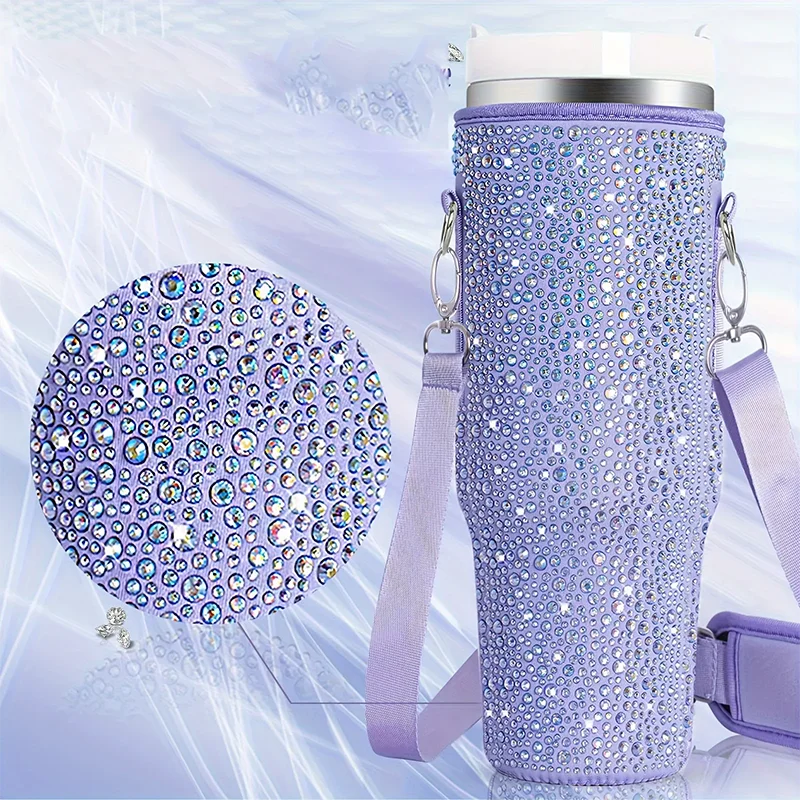 40oz Durable bling shiny rhinestone Water Bottle Bag protecting case For Stanley Cup Sleeve with Strap Outdoor Pouch