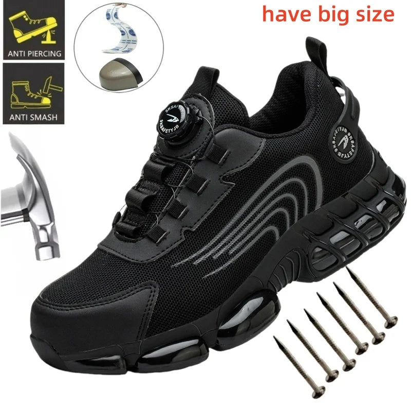 Big Size Men and Women Rotary Buckle Work Safety Shoes Men Air Soft Sole Lightweight Sneakers Protective Fashion Work Shoes