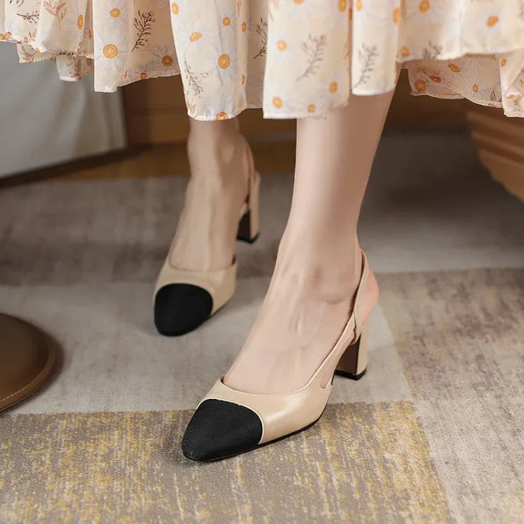Big Size 45 Women Slingbacks Shoes High Heels Thick High Heel Leather Mixed Colors Pumps Ladies - Kimlud