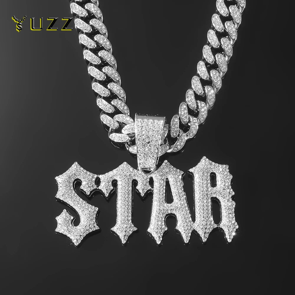 Men Women Hip Hop Letter STAR Pendant Necklace with Cuban Chain Iced out Bling Necklaces Tennis Chain Fashion Punk Jewelry Gift